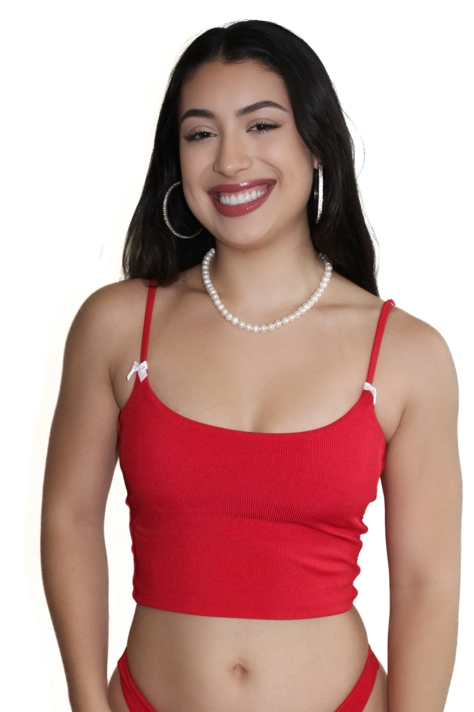 Cherry on Top Red Ribbed Cropped Tankini Top with Bows